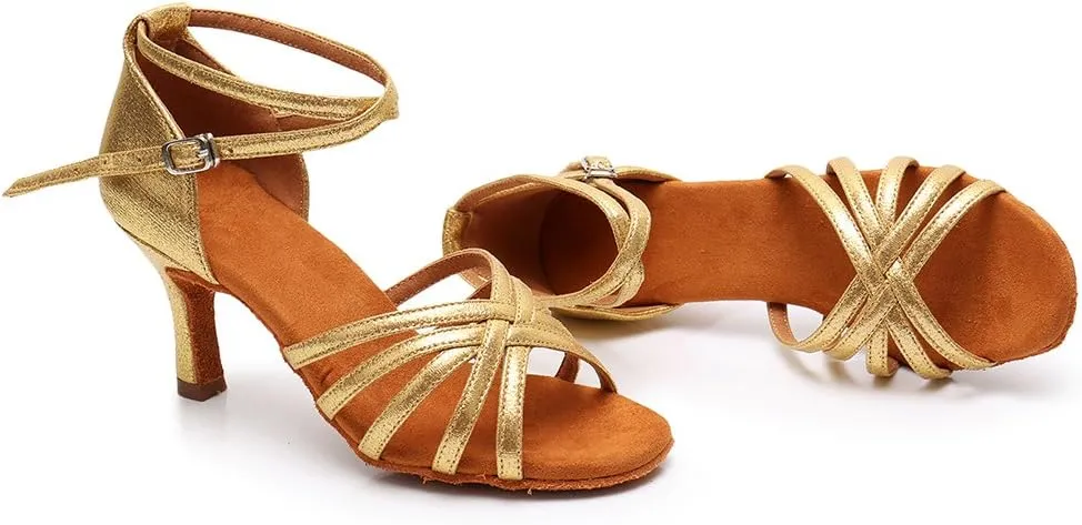 HIPPOSEUS Women's Open Toe Latin Dance Shoes Ankle Strap Ballroom Salsa Bachata Dancing Shoes Suede Outsole,Model 1213