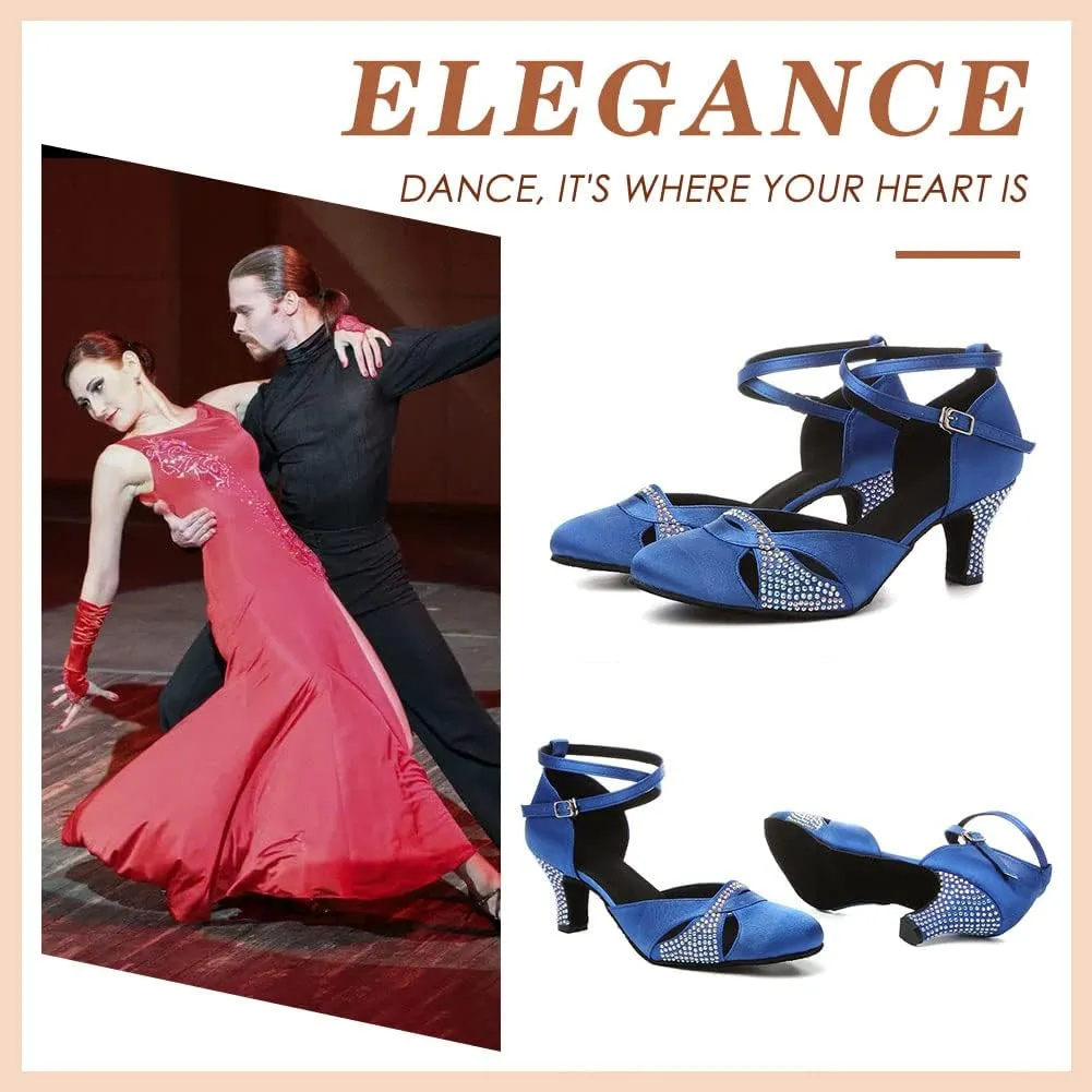 HIPPOSEUS Women's Satin Latin Dance Shoes Shining Rhinestone Closed Toe Ballroom Salsa Tango Dancing Shoes for Wedding Party,Model L157