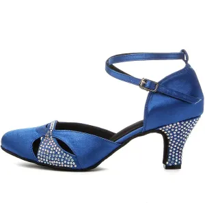 HIPPOSEUS Women's Satin Latin Dance Shoes Shining Rhinestone Closed Toe Ballroom Salsa Tango Dancing Shoes for Wedding Party,Model L157