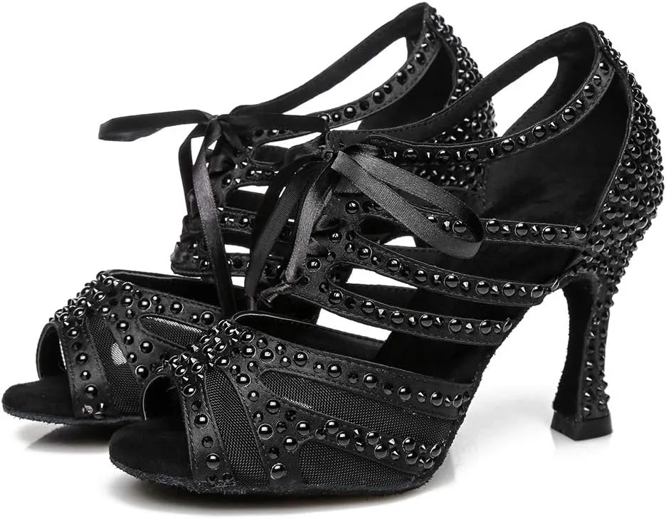 HROYL Women Rhinestone Dance Shoes for Latin Salsa Waltz Ballroom Wedding Party Performence Dance Shoes,YCL433