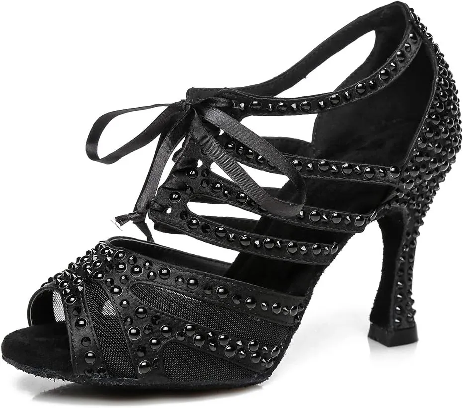 HROYL Women Rhinestone Dance Shoes for Latin Salsa Waltz Ballroom Wedding Party Performence Dance Shoes,YCL433