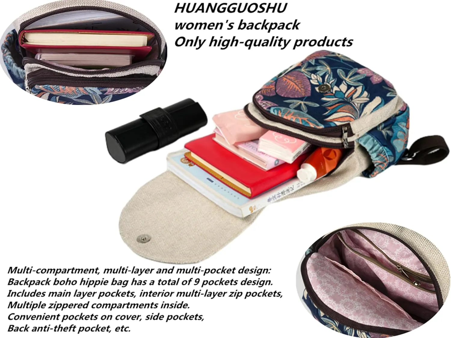 HUANGGUOSHU Bohemian Knit Backpack - Handcrafted, Multi-Pocket, Anti-Theft Pocket - Ideal Gift for Girls, Moms, and Students - Travel Essential for Fashionable Women-Flower Backpack