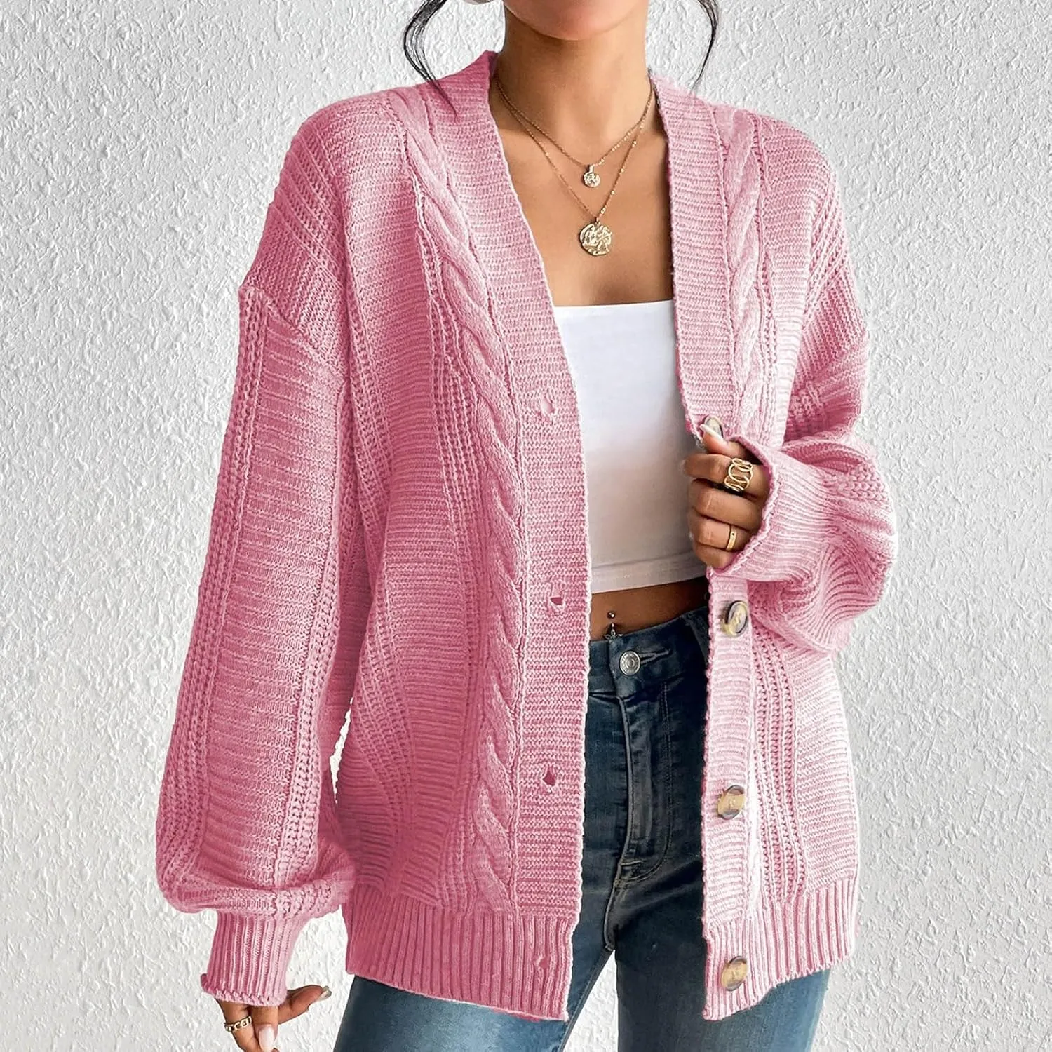iLH Cardigan Sweaters for Women Chunky Cable Knit Sweater Open Front Crochet Outwear Coats Button down Fall Jackets