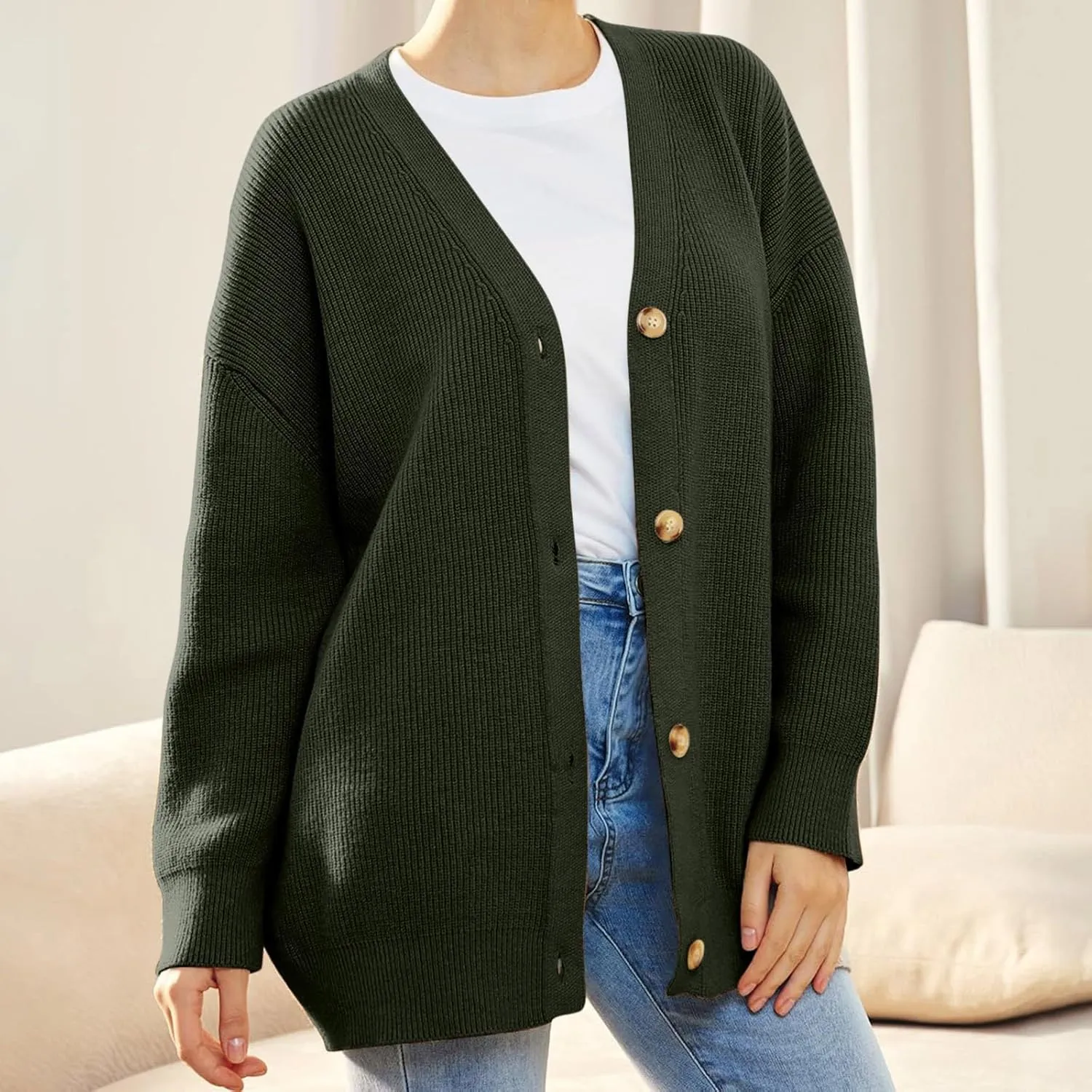 iLH Womens Leisure Knit Cardigan Oversized Button Down Lightweight Sweater Cardigan For Women Chunky Knit Cardigan