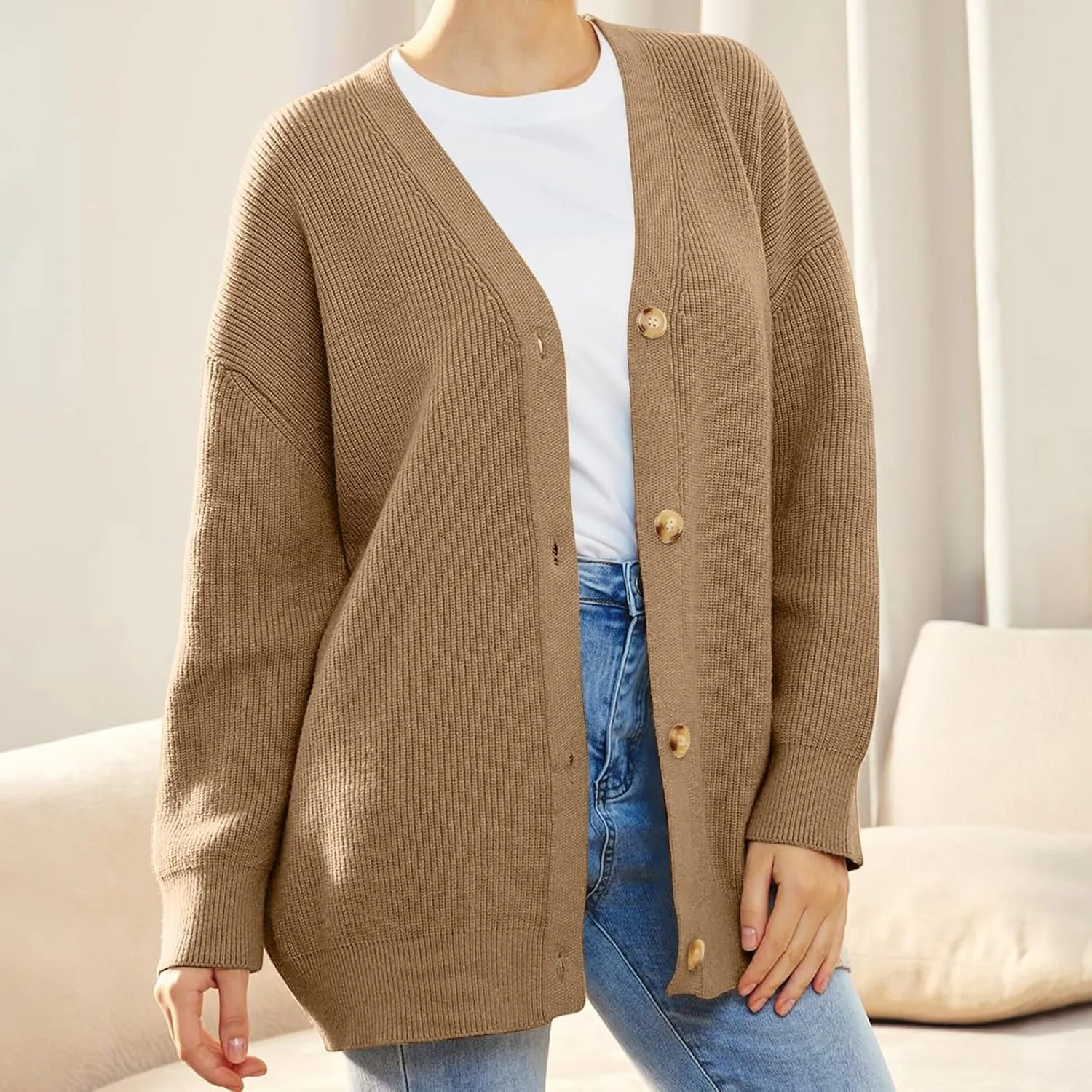 iLH Womens Leisure Knit Cardigan Oversized Button Down Lightweight Sweater Cardigan For Women Chunky Knit Cardigan