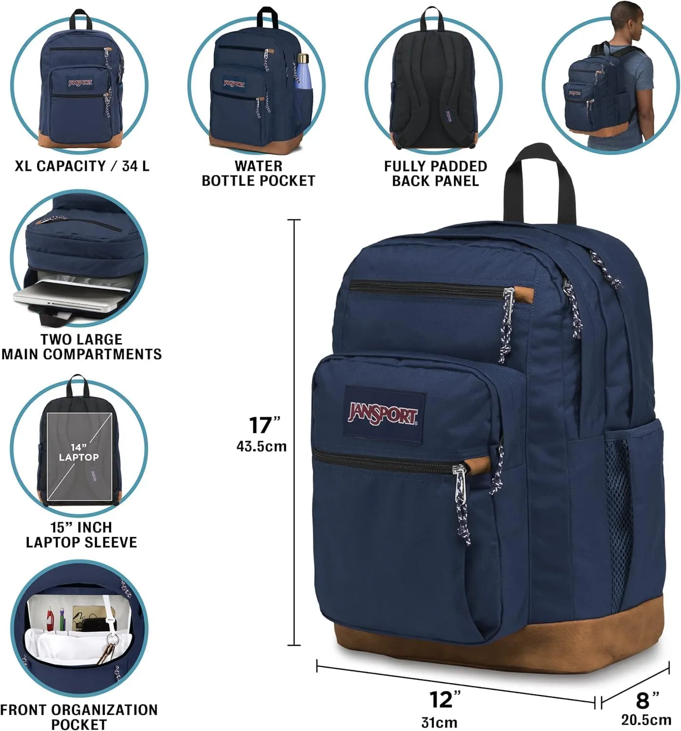 JanSport Cool Backpack with 15-inch Laptop Sleeve, Large Computer Bag Rucksack with 2 Compartments, Ergonomic Straps, Electric Bolts