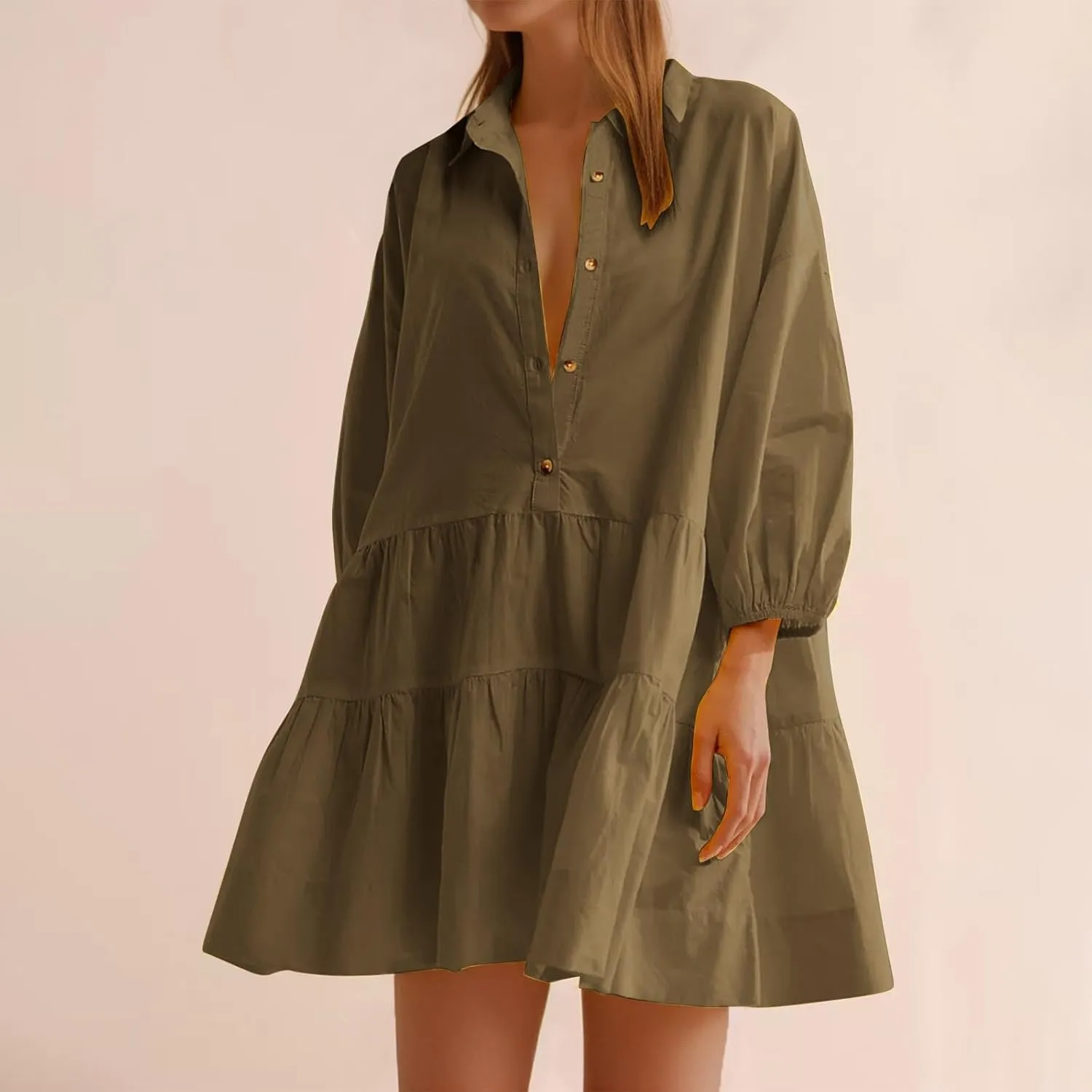 JOAU Women's Cute Summer Babydoll Shirt Mini Dress Puff Sleeve Flowy Tiered Ruffle Swing A-Line Collared Button Shirt Dress