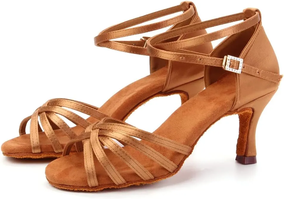 JUODVMP Women Latin Dance Shoes Satin Ballroom Performance Salsa Tango Practice Dance Shoes Model 1217
