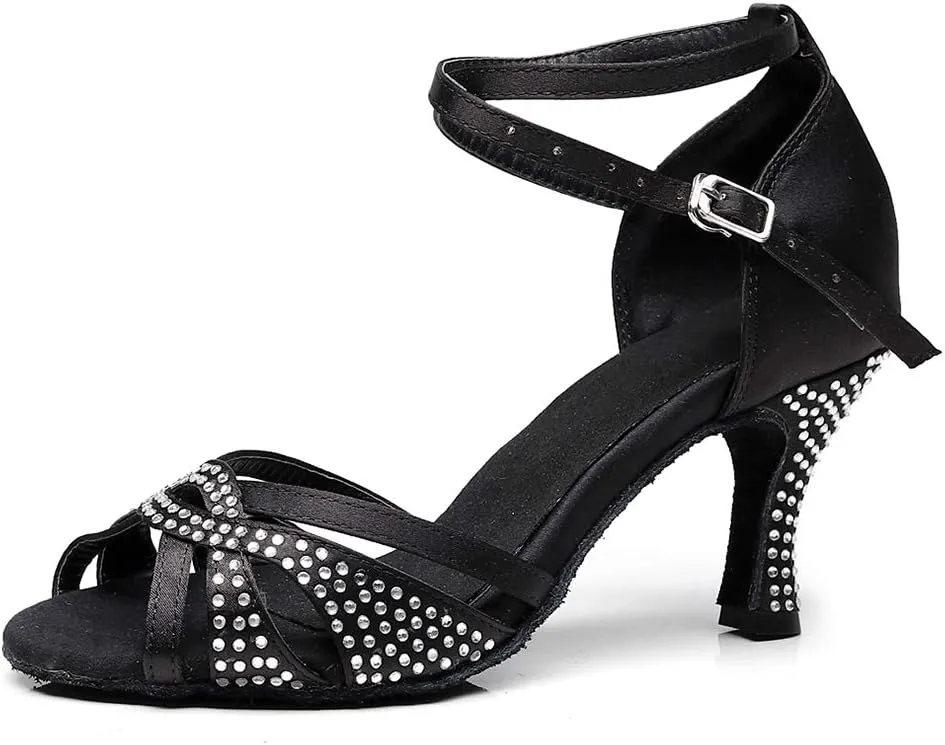 JUODVMP Women's Latin Dance Shoes Professional Rhinestone Ballroom Wedding Dance Shoes Salsa Performance Dancing Shoes with Cross Strap,Model VS-QJW1035