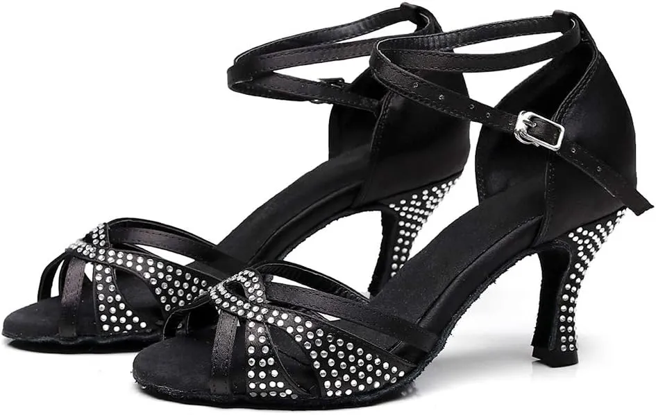 JUODVMP Women's Latin Dance Shoes Professional Rhinestone Ballroom Wedding Dance Shoes Salsa Performance Dancing Shoes with Cross Strap,Model VS-QJW1035