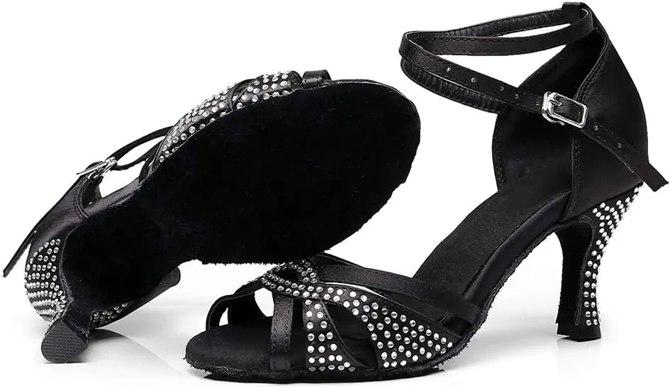 JUODVMP Women's Latin Dance Shoes Professional Rhinestone Ballroom Wedding Dance Shoes Salsa Performance Dancing Shoes with Cross Strap,Model VS-QJW1035