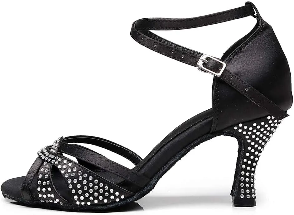 JUODVMP Women's Latin Dance Shoes Professional Rhinestone Ballroom Wedding Dance Shoes Salsa Performance Dancing Shoes with Cross Strap,Model VS-QJW1035