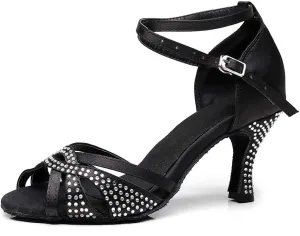 JUODVMP Women's Latin Dance Shoes Professional Rhinestone Ballroom Wedding Dance Shoes Salsa Performance Dancing Shoes with Cross Strap,Model VS-QJW1035