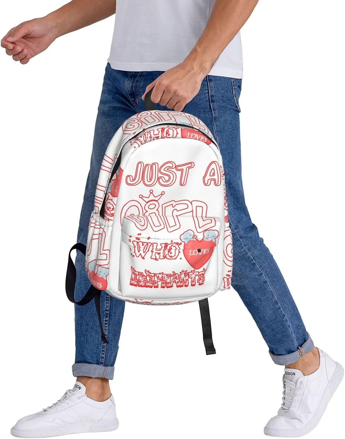 Just A Women Who Loves Elephants 17 Inch Casual Backpack Laptop Backpacks Travel Back Pack Large Camping Rucksack Hiking Daypack Lightweight Double Shoulder Bag