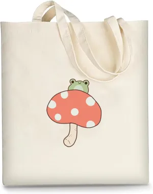 KEEVICI Cute Mushroom Frog Canvas Tote Bag For Women Cottagecore Aesthetic Graphic Reusable Grocery Shopping Shoulder Bag