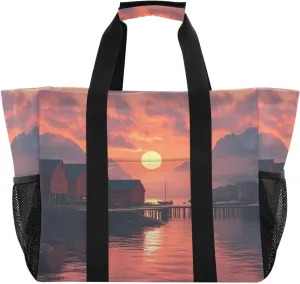 Kigai Sunset in The Harbor Reusable Grocery Bag with Handles Waterproof Foldable Extra Large Tote Shopping Bag Standing Organizer for Picnics, Beach, Pool, Laundry, Car, Camping
