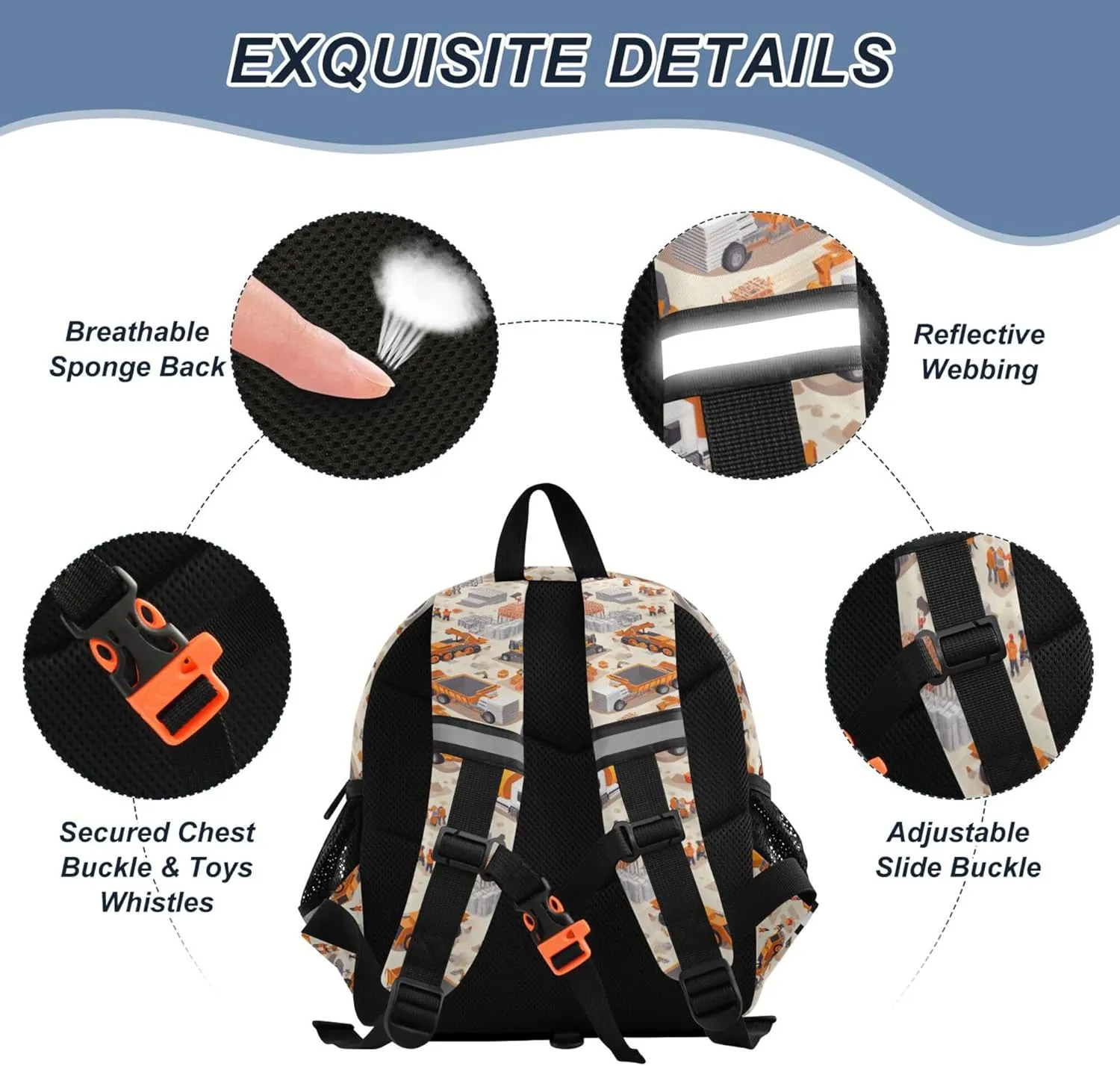 KLL Custom Cute Ears Backpack For Elementary School Leash Little Girls Anti-Lost Personalized Daycare Bag with Reflective Strip M Construction Scene Build A House Concrete Mixer Truck Mining Car