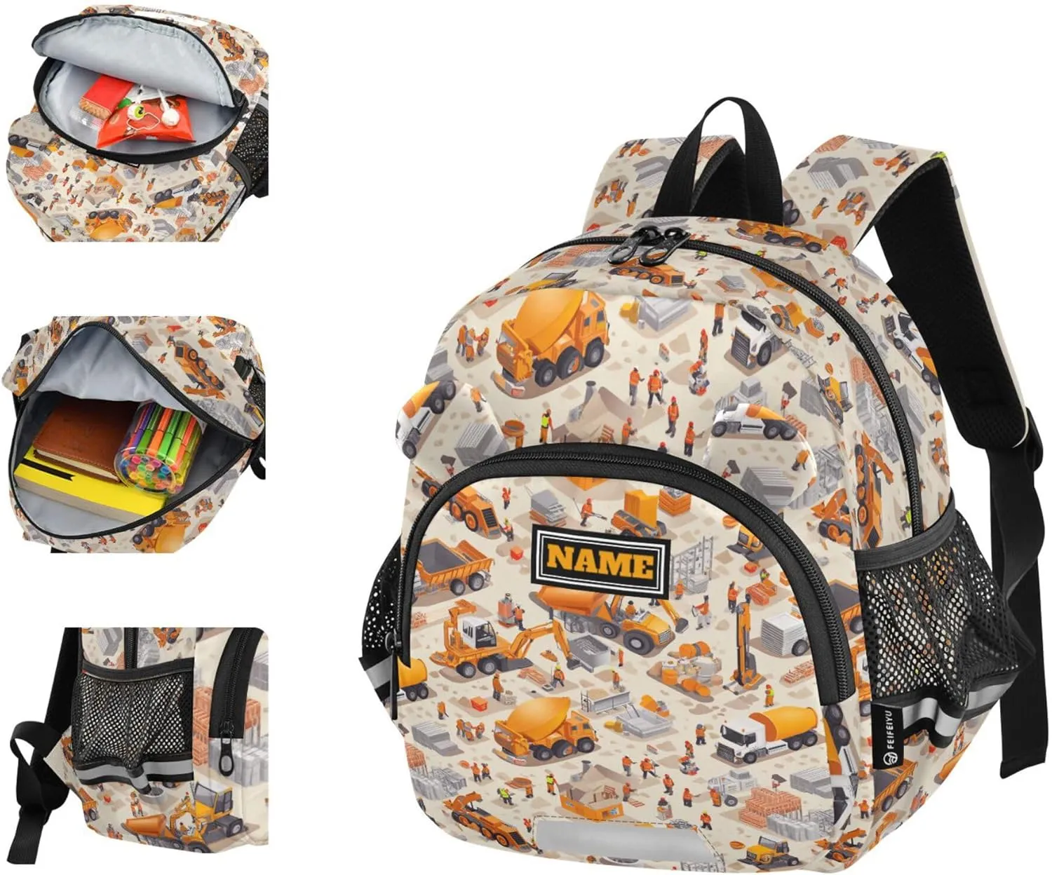 KLL Custom Cute Ears Backpack For Elementary School Leash Little Girls Anti-Lost Personalized Daycare Bag with Reflective Strip M Construction Scene Build A House Concrete Mixer Truck Mining Car
