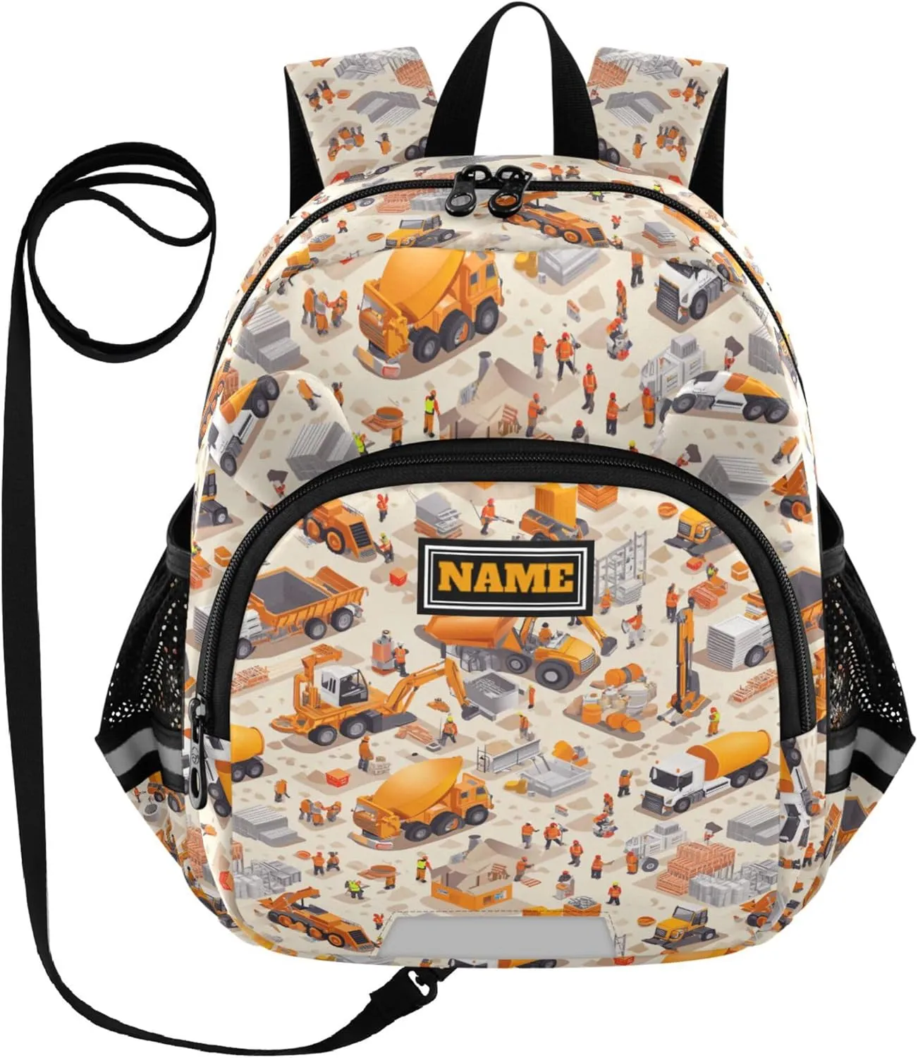 KLL Custom Cute Ears Backpack For Elementary School Leash Little Girls Anti-Lost Personalized Daycare Bag with Reflective Strip M Construction Scene Build A House Concrete Mixer Truck Mining Car