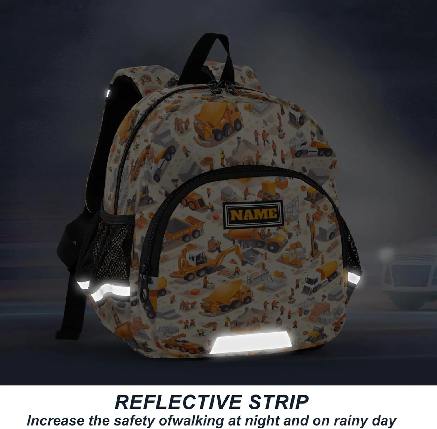 KLL Custom Cute Ears Backpack For Elementary School Leash Little Girls Anti-Lost Personalized Daycare Bag with Reflective Strip M Construction Scene Build A House Concrete Mixer Truck Mining Car