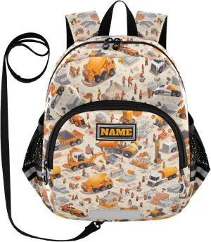 KLL Custom Cute Ears Backpack For Elementary School Leash Little Girls Anti-Lost Personalized Daycare Bag with Reflective Strip M Construction Scene Build A House Concrete Mixer Truck Mining Car