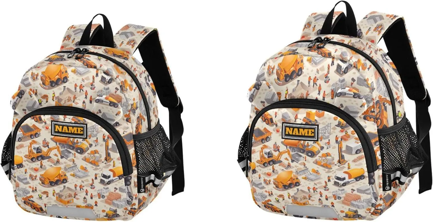 KLL Custom Cute Ears Backpack For Elementary School Leash Little Girls Anti-Lost Personalized Daycare Bag with Reflective Strip M Construction Scene Build A House Concrete Mixer Truck Mining Car