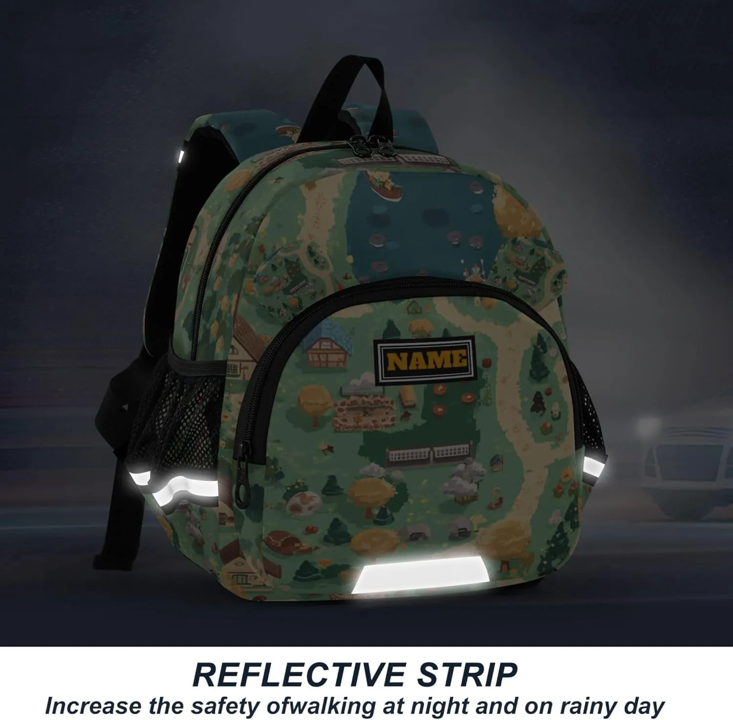 KLL Custom Cute Ears School Backpacks Leash Little Girls Anti-Lost Personalized Toddler Book Bag with Reflective Strip S Game Map