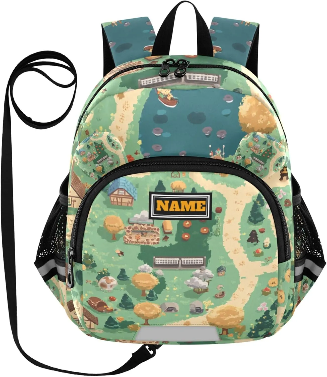 KLL Custom Cute Ears School Backpacks Leash Little Girls Anti-Lost Personalized Toddler Book Bag with Reflective Strip S Game Map