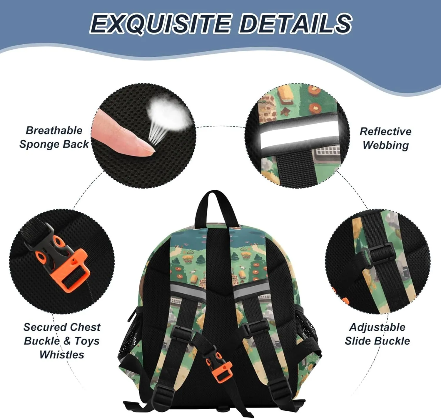 KLL Custom Cute Ears School Backpacks Leash Little Girls Anti-Lost Personalized Toddler Book Bag with Reflective Strip S Game Map