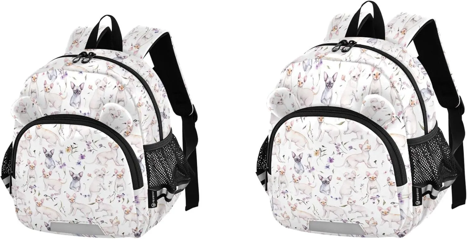 KLL Cute Ears Cute School Backpack Leash Cool Girls Anti-Lost Personalized Elementary School Backpack with Reflective Strip S Sweet Sphynx Cats White