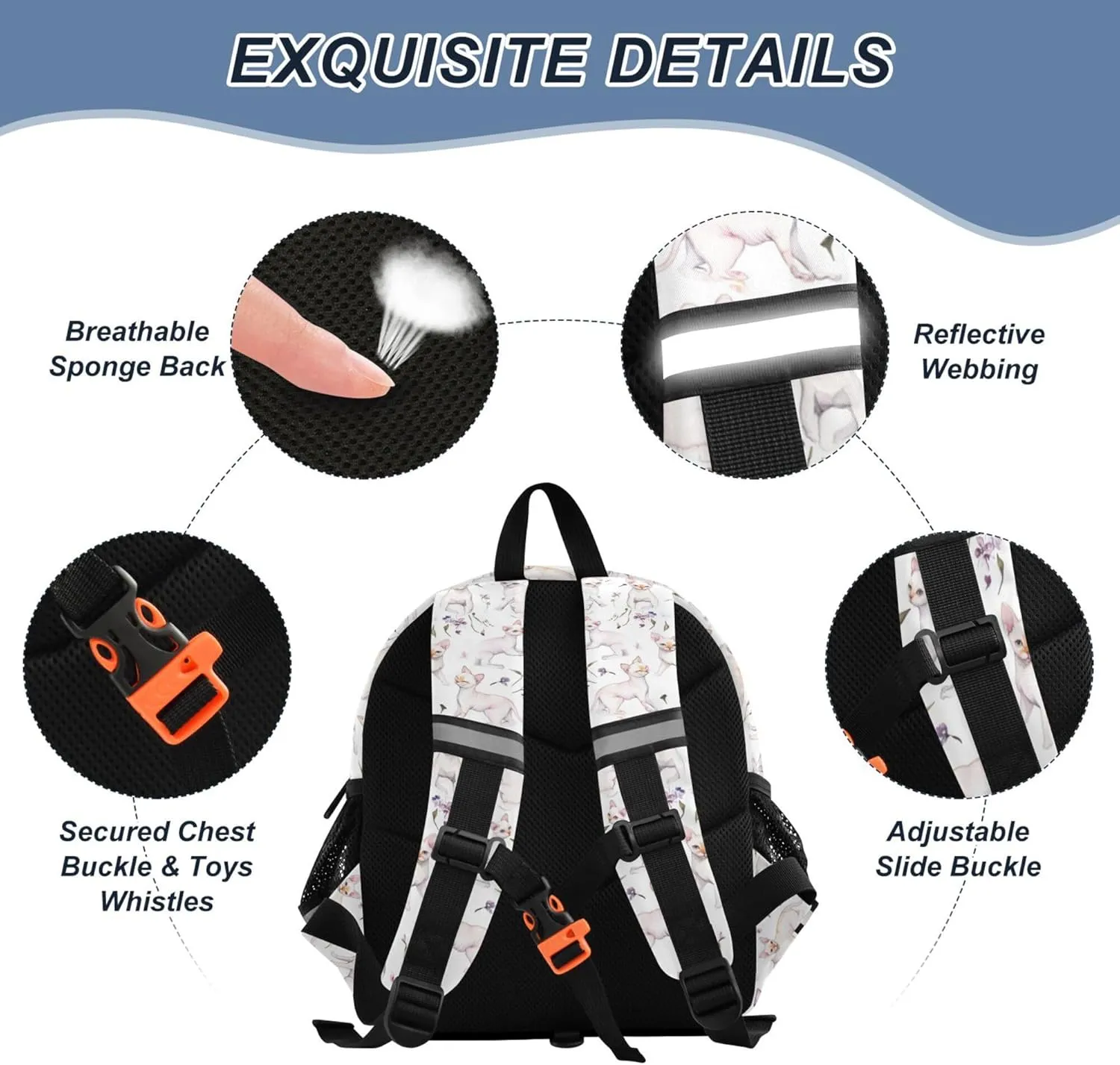 KLL Cute Ears Cute School Backpack Leash Cool Girls Anti-Lost Personalized Elementary School Backpack with Reflective Strip S Sweet Sphynx Cats White