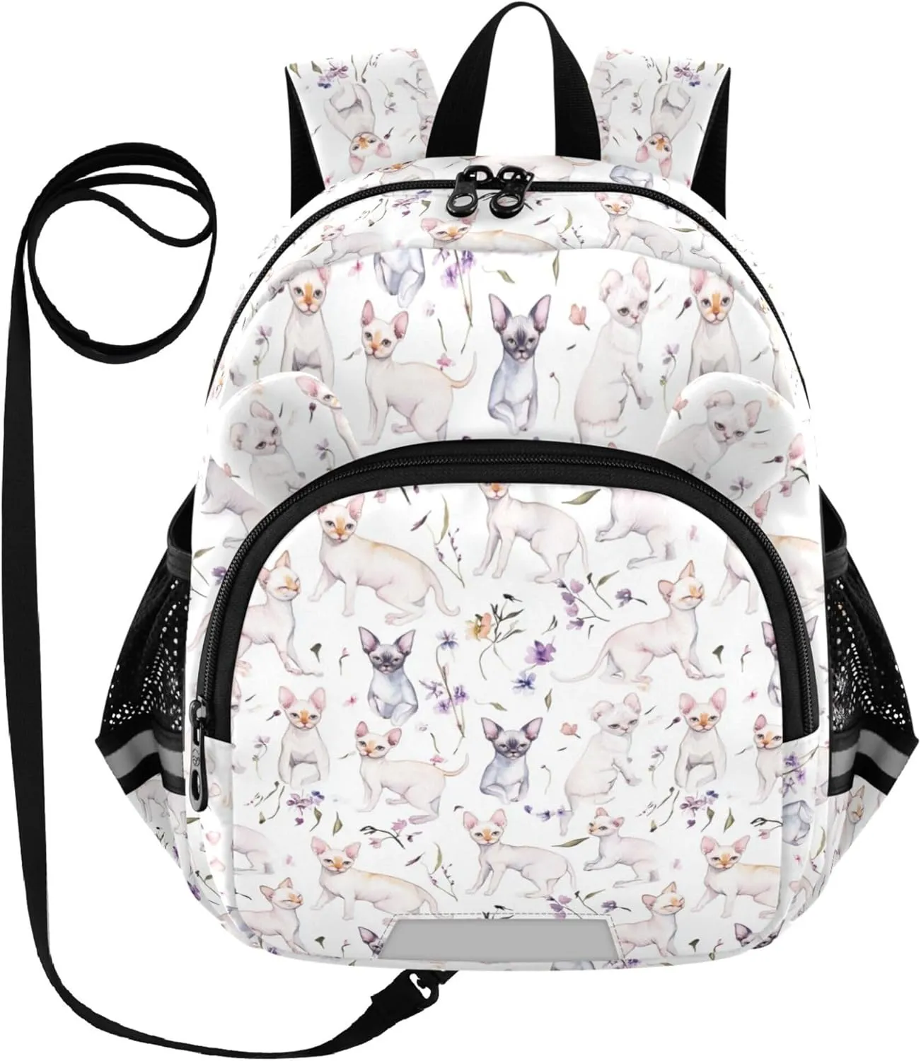 KLL Cute Ears Cute School Backpack Leash Cool Girls Anti-Lost Personalized Elementary School Backpack with Reflective Strip S Sweet Sphynx Cats White