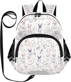KLL Cute Ears Cute School Backpack Leash Cool Girls Anti-Lost Personalized Elementary School Backpack with Reflective Strip S Sweet Sphynx Cats White