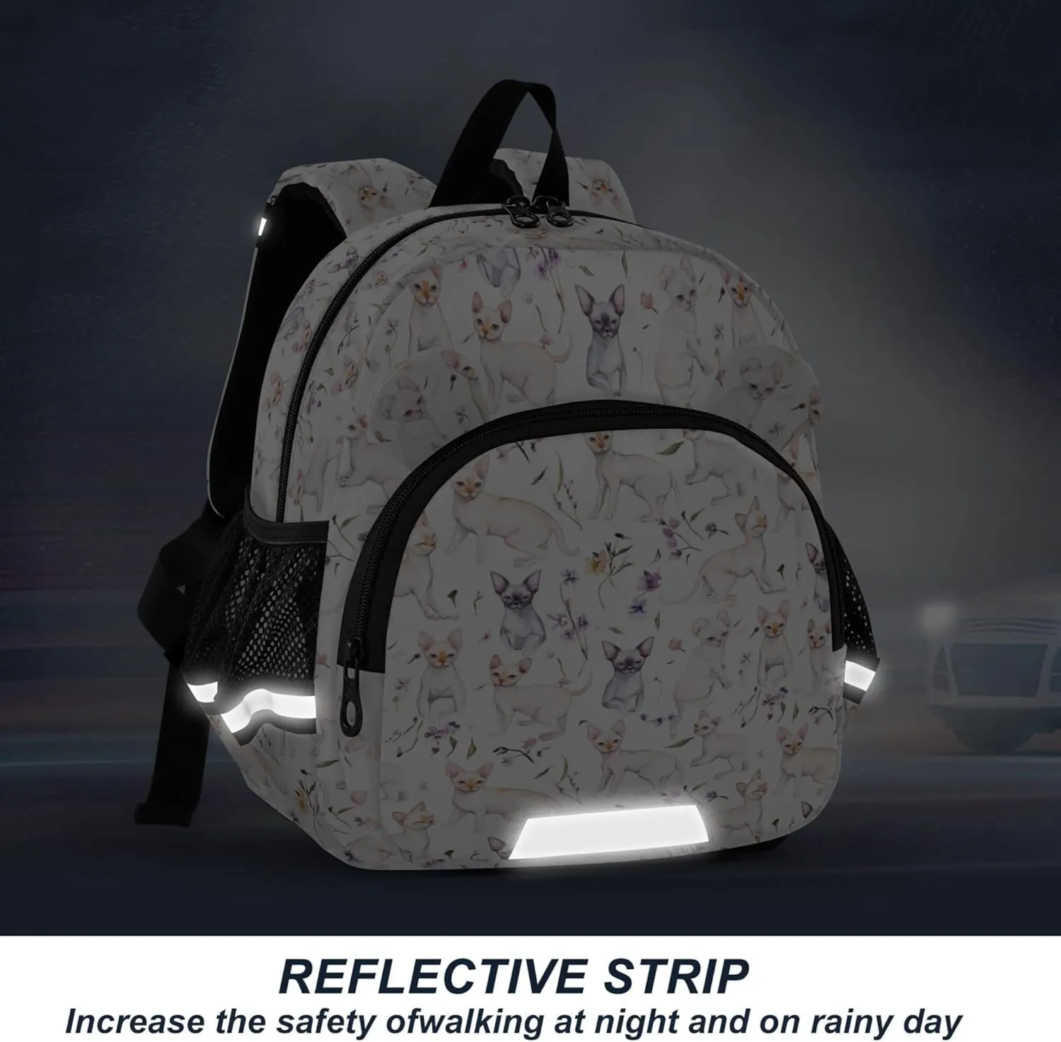 KLL Cute Ears Cute School Backpack Leash Cool Girls Anti-Lost Personalized Elementary School Backpack with Reflective Strip S Sweet Sphynx Cats White