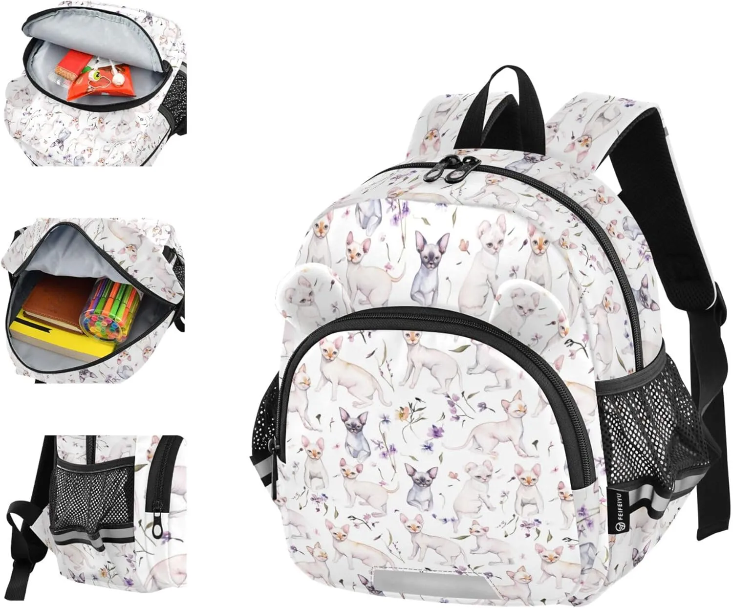 KLL Cute Ears Cute School Backpack Leash Cool Girls Anti-Lost Personalized Elementary School Backpack with Reflective Strip S Sweet Sphynx Cats White