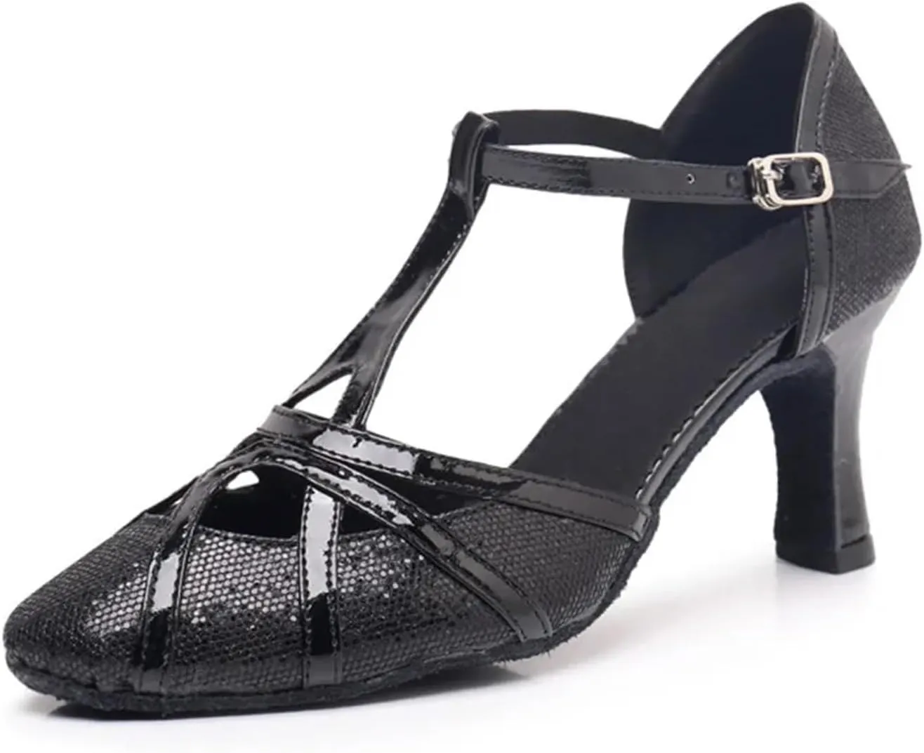 Latin Dance Shoes Tango Ballroom Woman High Heel For Wedding Shoes Gold Silver Shoes Women(Black 7.5cm,34)