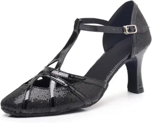 Latin Dance Shoes Tango Ballroom Woman High Heel For Wedding Shoes Gold Silver Shoes Women(Black 7.5cm,34)