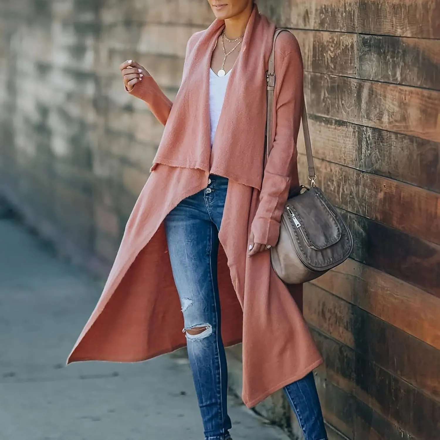 Lazy V-Neck Oversize Long Sweater Cardigans Jacket Coat Women Outwear Open Front Long Sleeve Dusters with Pockets