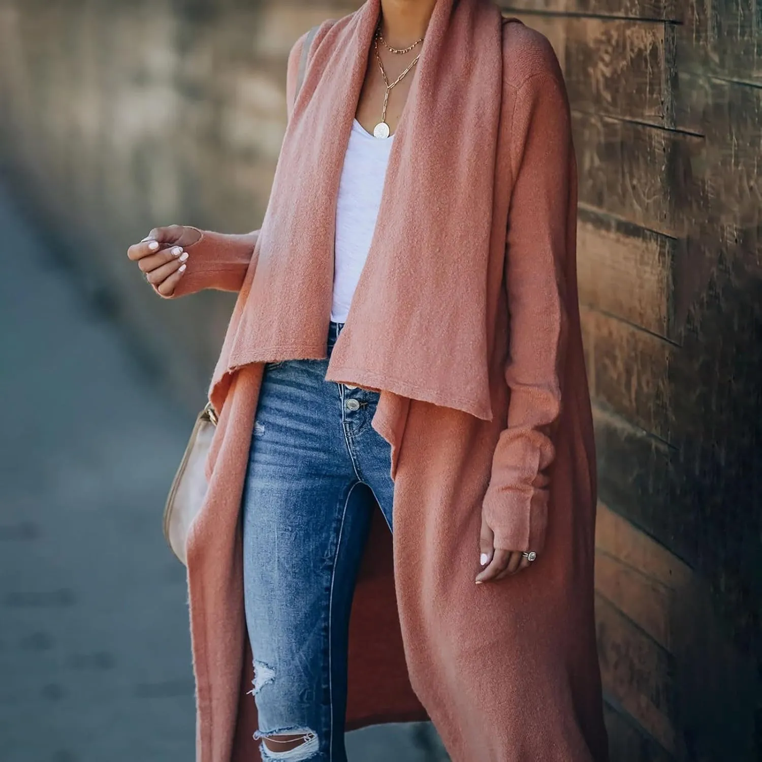 Lazy V-Neck Oversize Long Sweater Cardigans Jacket Coat Women Outwear Open Front Long Sleeve Dusters with Pockets