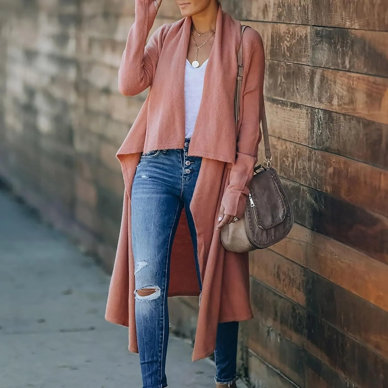 Lazy V-Neck Oversize Long Sweater Cardigans Jacket Coat Women Outwear Open Front Long Sleeve Dusters with Pockets