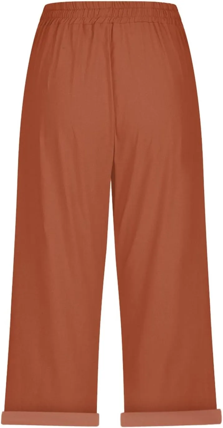 LCMTWX Linen Pants Women Waist Pants Drawstring Pants with Pockets Wide Leg Cropped Pants for Women Capri Pants 2025 Pants
