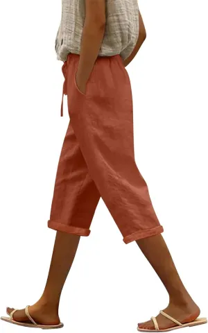 LCMTWX Linen Pants Women Waist Pants Drawstring Pants with Pockets Wide Leg Cropped Pants for Women Capri Pants 2025 Pants
