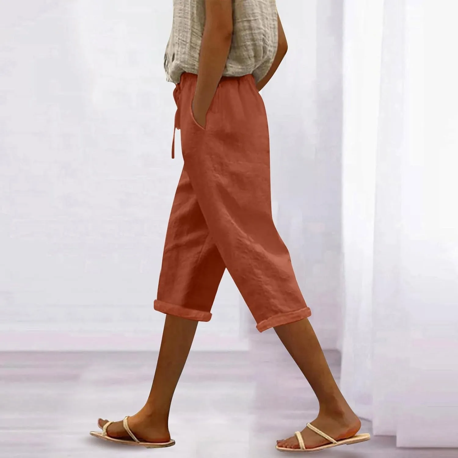 LCMTWX Linen Pants Women Waist Pants Drawstring Pants with Pockets Wide Leg Cropped Pants for Women Capri Pants 2025 Pants