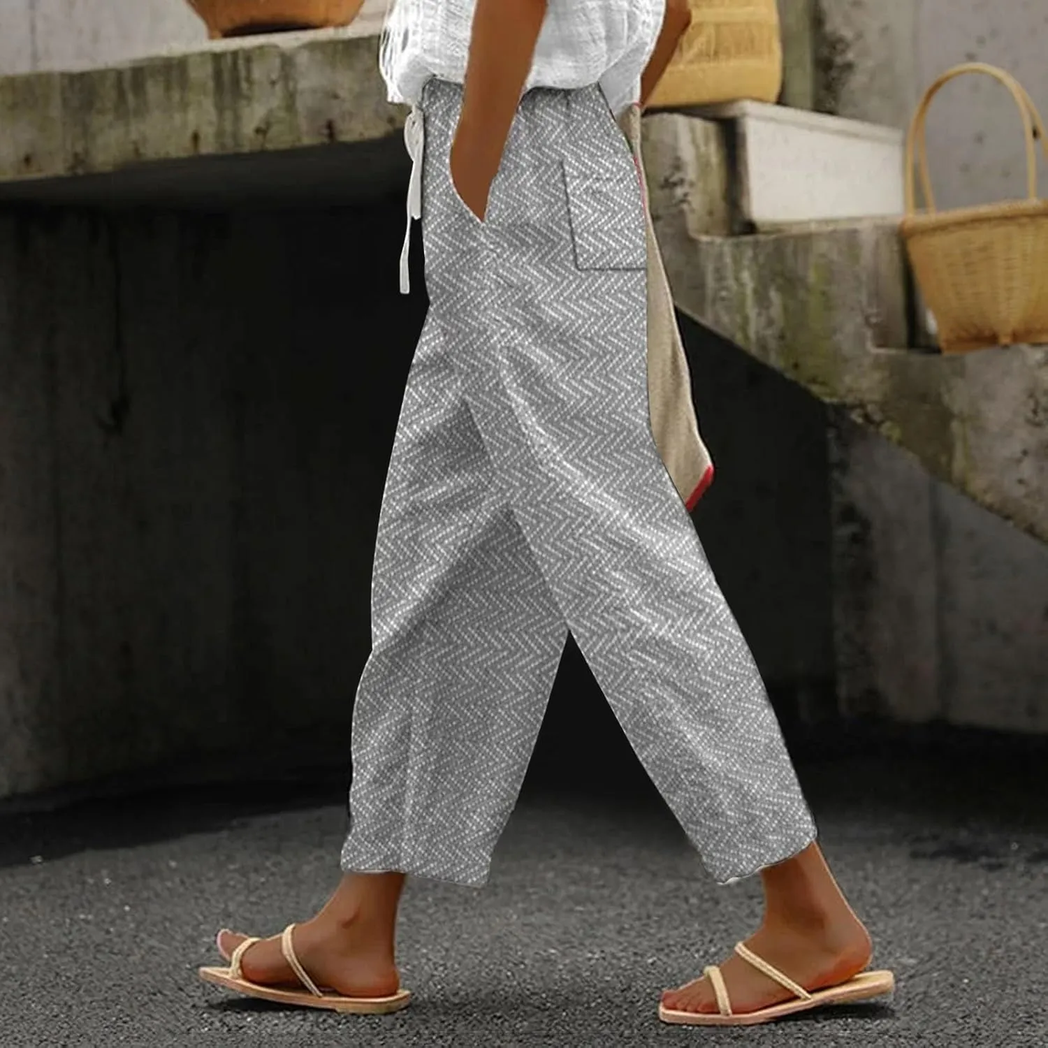 LCMTWX White Linen Pants Women 2025 Drawstring Pants Capri Pants 2025 Pants with Pockets Wide Leg Cropped Pants Linen Pants