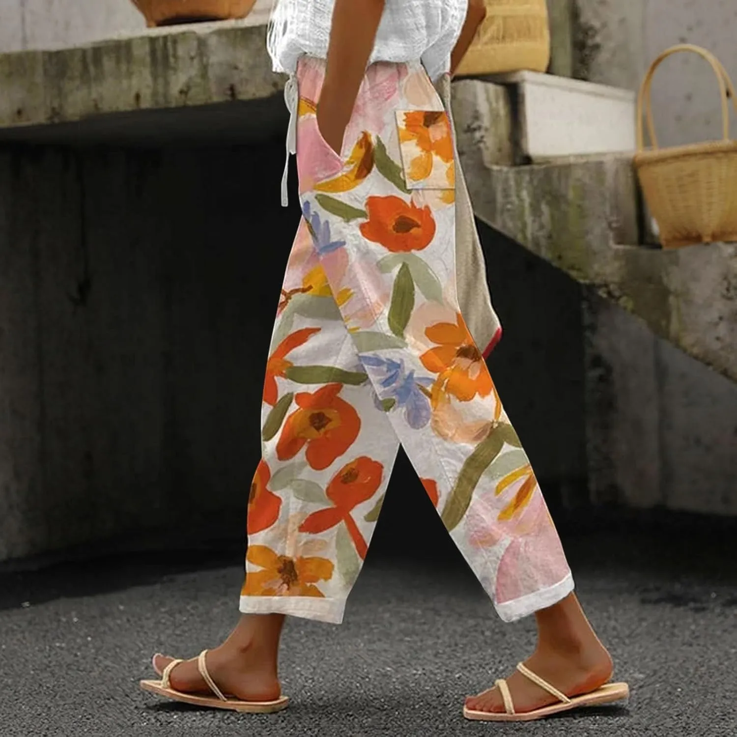 LCMTWX White Linen Pants Women 2025 Drawstring Pants Capri Pants 2025 Pants with Pockets Wide Leg Cropped Pants Linen Pants