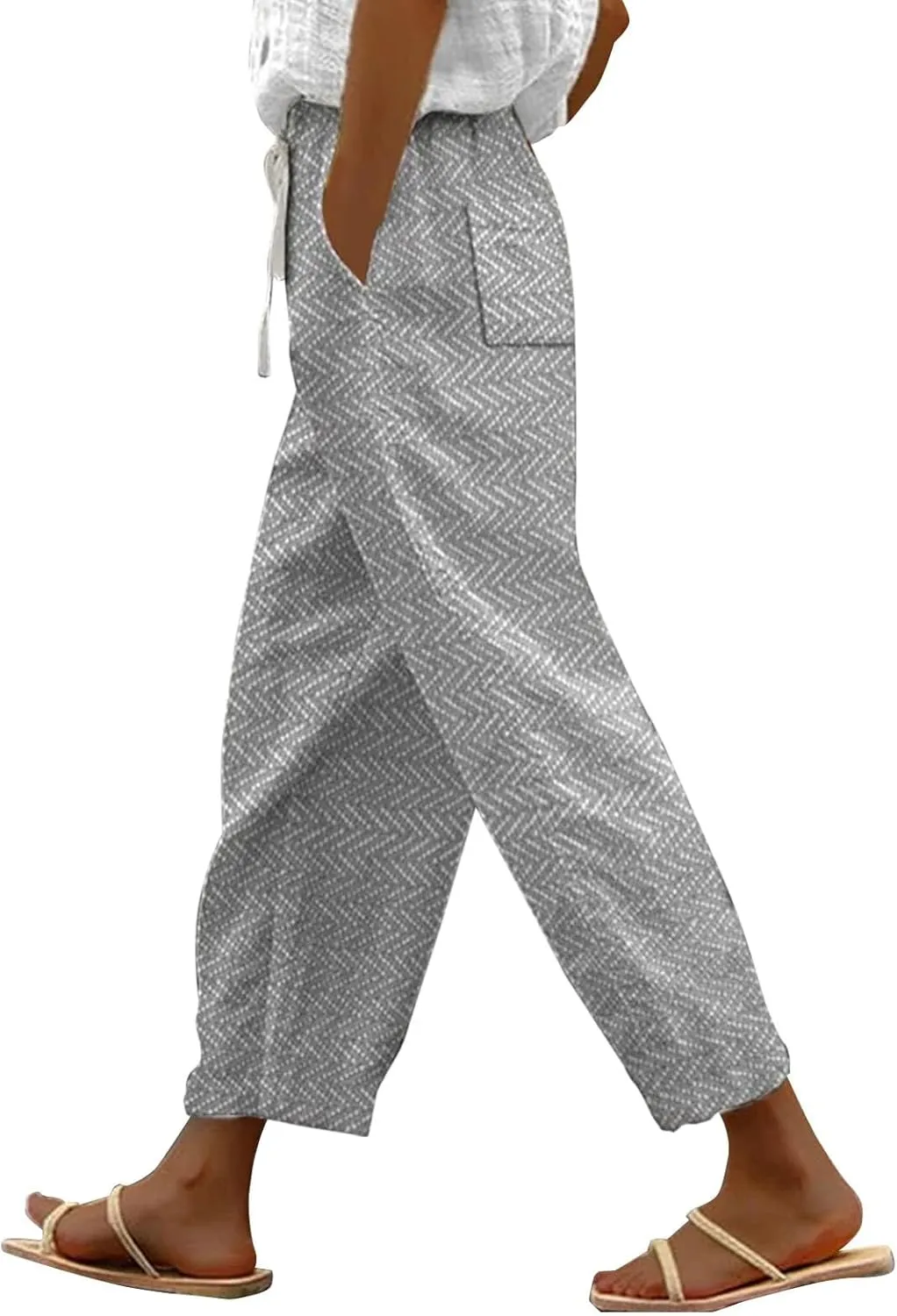 LCMTWX White Linen Pants Women 2025 Drawstring Pants Capri Pants 2025 Pants with Pockets Wide Leg Cropped Pants Linen Pants