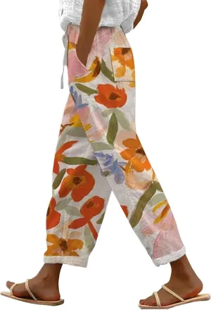 LCMTWX White Linen Pants Women 2025 Drawstring Pants Capri Pants 2025 Pants with Pockets Wide Leg Cropped Pants Linen Pants