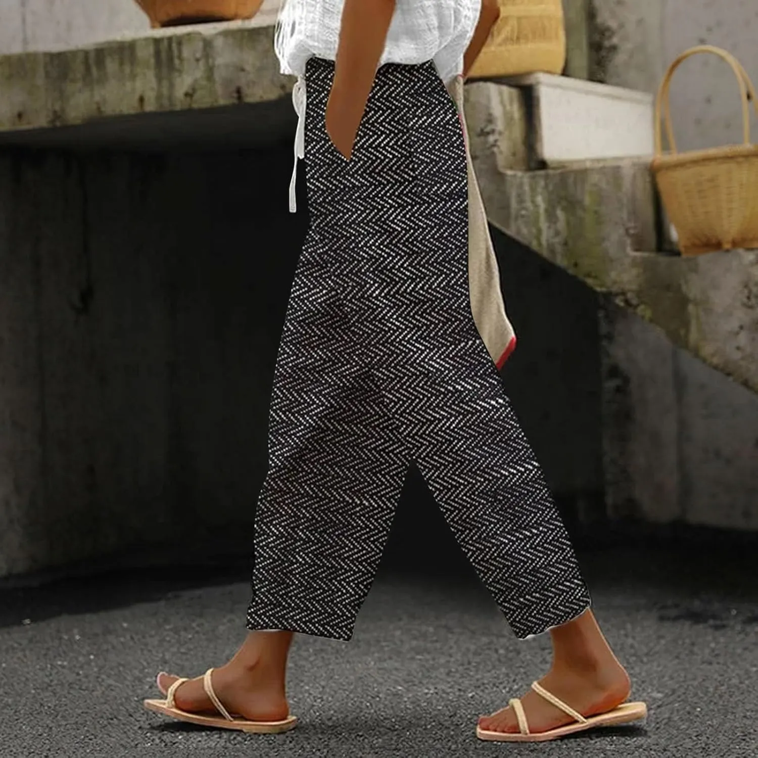 LCMTWX White Linen Pants Women 2025 Drawstring Pants Capri Pants 2025 Pants with Pockets Wide Leg Cropped Pants Linen Pants