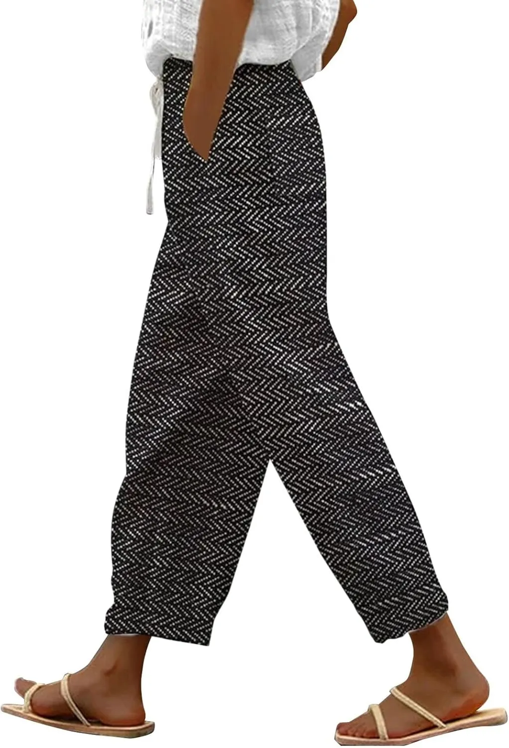 LCMTWX White Linen Pants Women 2025 Drawstring Pants Capri Pants 2025 Pants with Pockets Wide Leg Cropped Pants Linen Pants