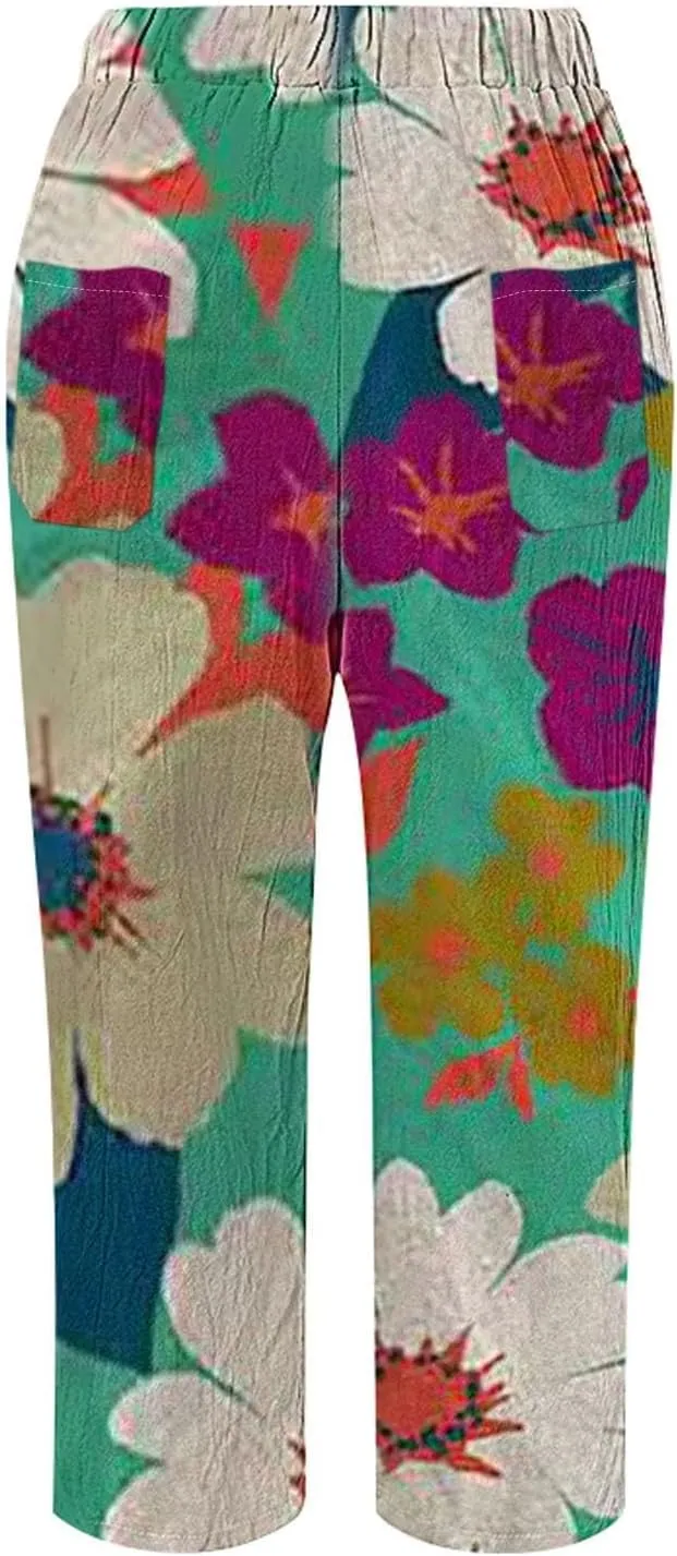 LCMTWX Women's Linen Pants 2025 Pants Drawstring Pants with Pockets Wide Leg Cropped Pants for Women Capri Pants 2025 Pants